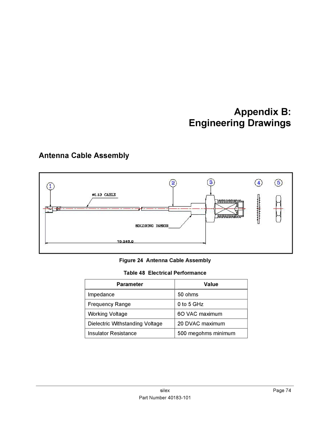 Silex technology SX-550 manual Appendix B Engineering Drawings, Antenna Cable Assembly 