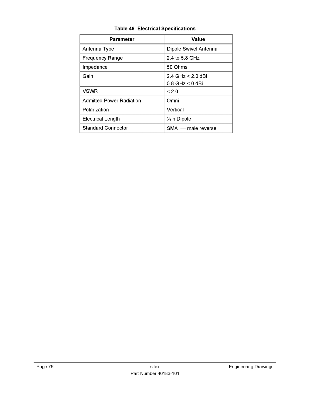 Silex technology SX-550 manual Electrical Specifications Parameter Value, Vswr 