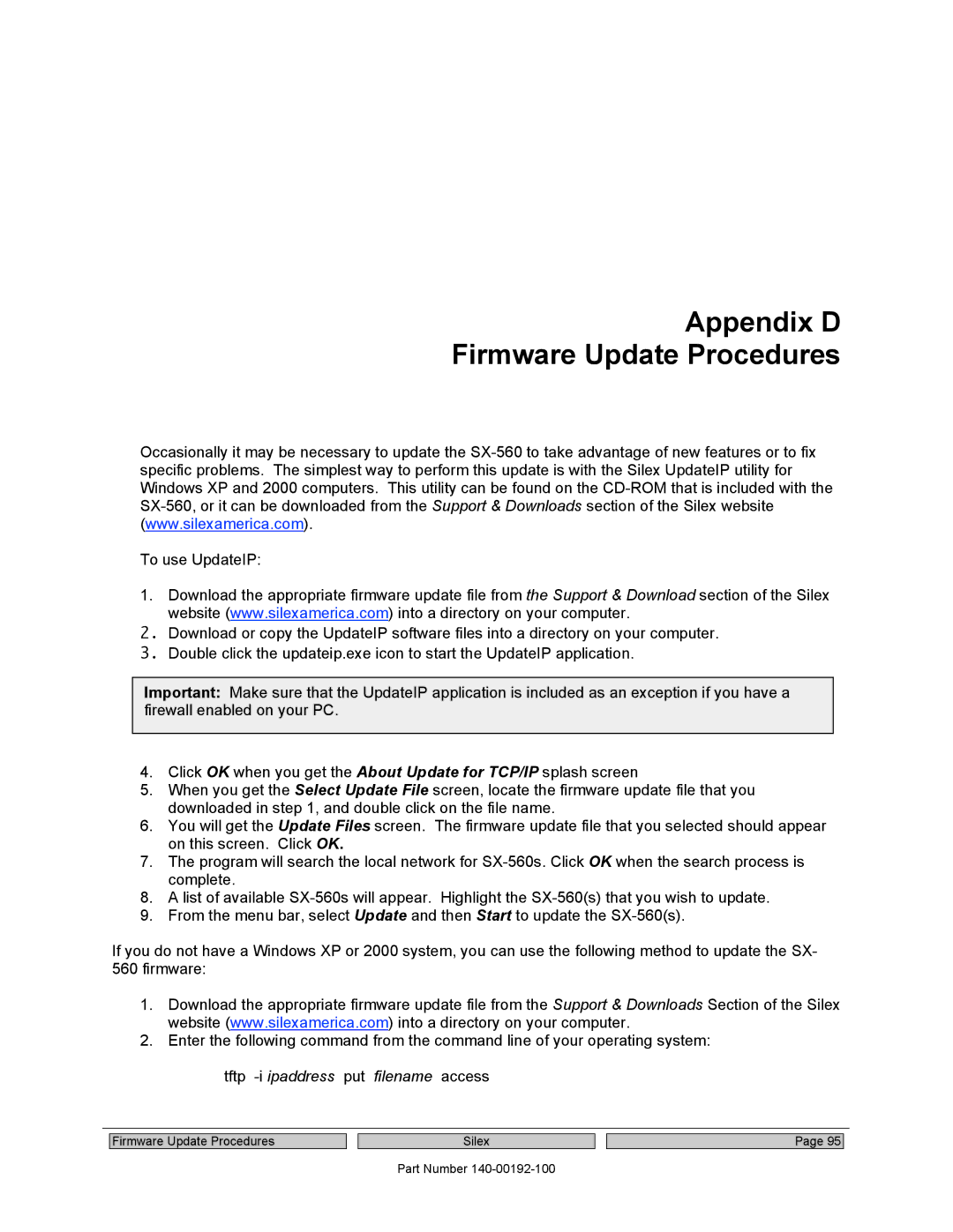 Silex technology SX-560 manual Appendix D Firmware Update Procedures, Tftp -iipaddress put filename access 