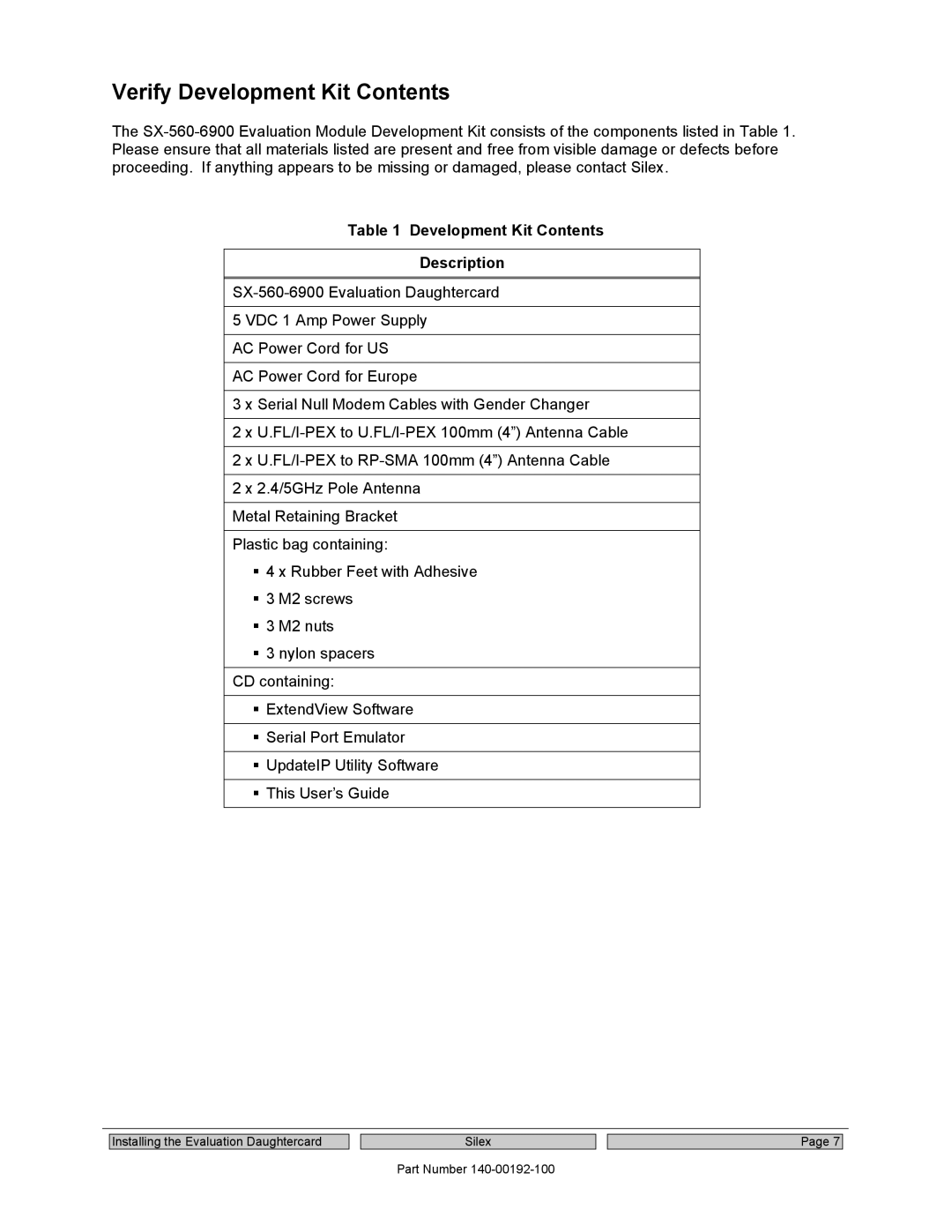 Silex technology SX-560 manual Verify Development Kit Contents 