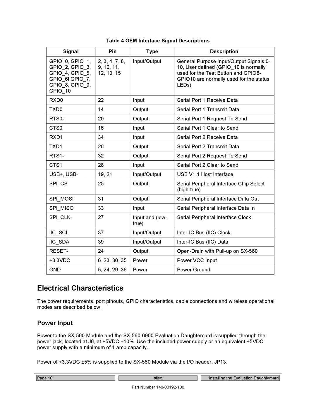 Silex technology SX-560 manual Electrical Characteristics, OEM Interface Signal Descriptions Pin Type 