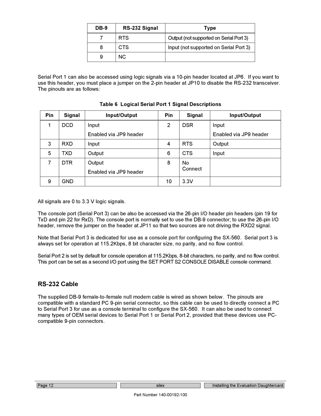 Silex technology SX-560 DB-9 RS-232 Signal Type, Rts, Cts, Logical Serial Port 1 Signal Descriptions Pin Input/Output 