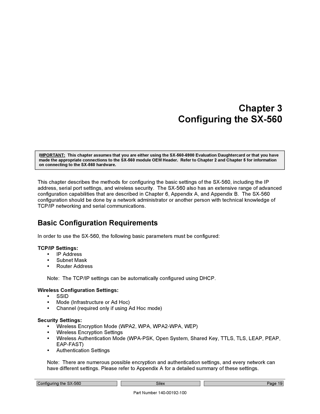 Silex technology Chapter Configuring the SX-560, Basic Configuration Requirements, TCP/IP Settings, Security Settings 