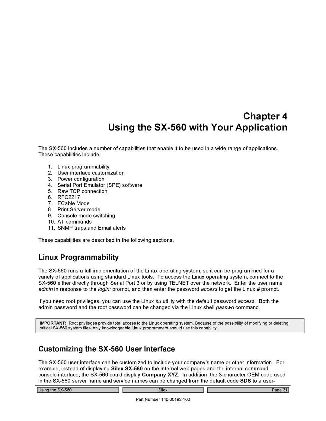 Silex technology manual Chapter Using the SX-560 with Your Application, Linux Programmability 