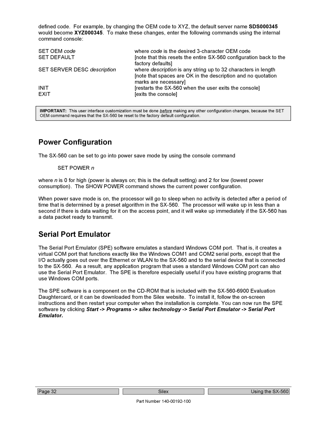 Silex technology SX-560 manual Power Configuration, Serial Port Emulator, SET Default, Init 