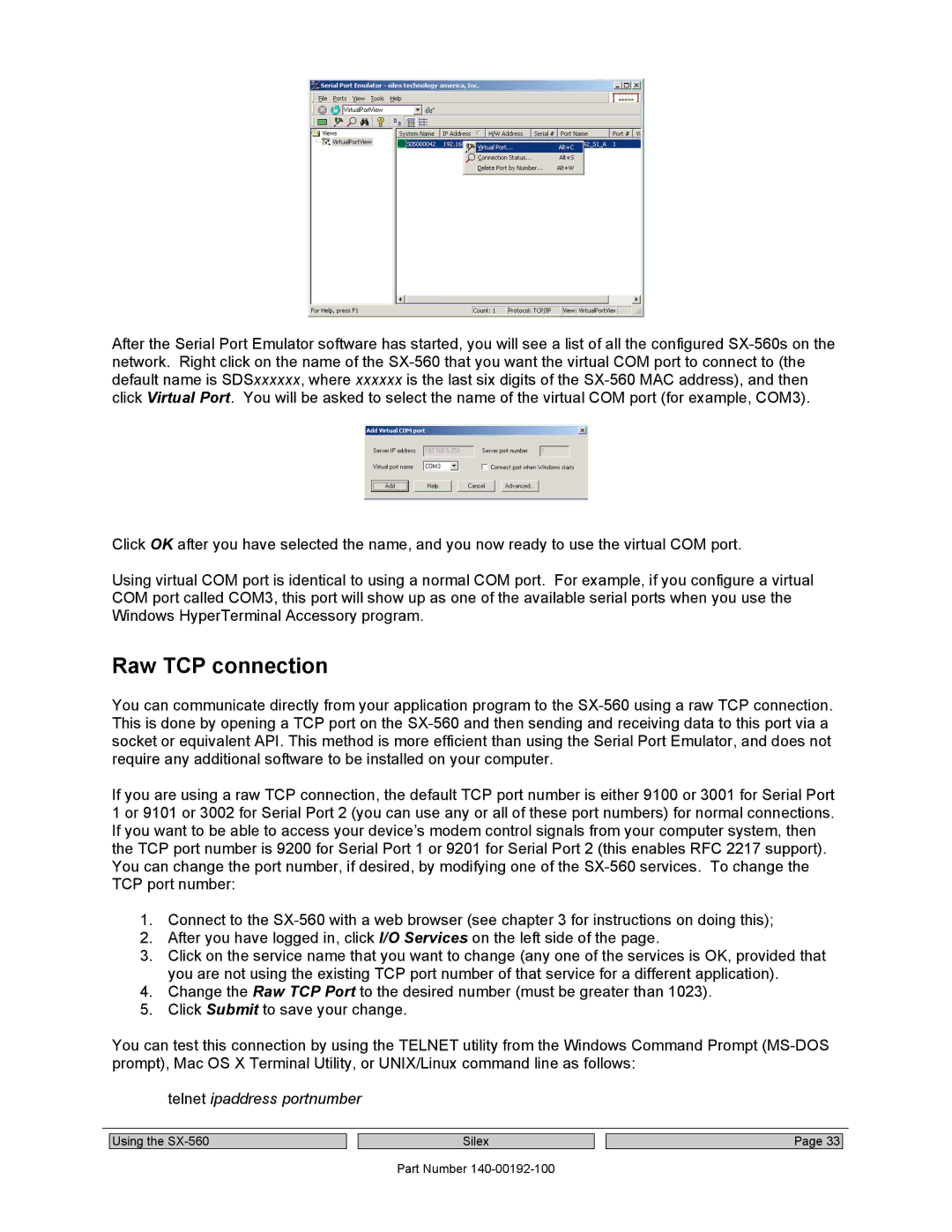 Silex technology SX-560 manual Raw TCP connection, Telnet ipaddress portnumber 