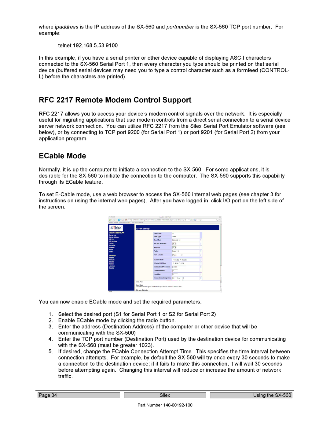 Silex technology SX-560 manual RFC 2217 Remote Modem Control Support, ECable Mode 