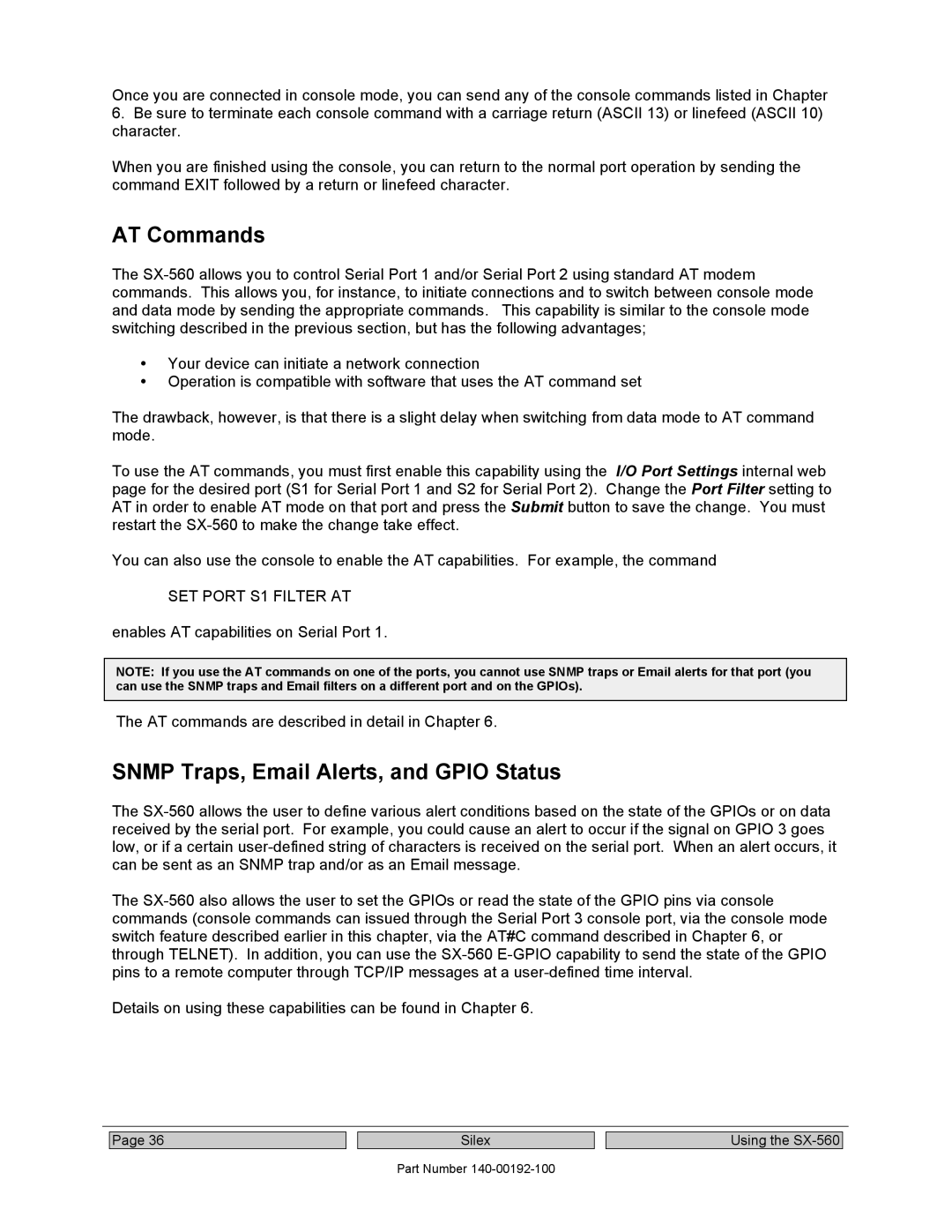 Silex technology SX-560 manual AT Commands, Snmp Traps, Email Alerts, and Gpio Status, SET Port S1 Filter AT 