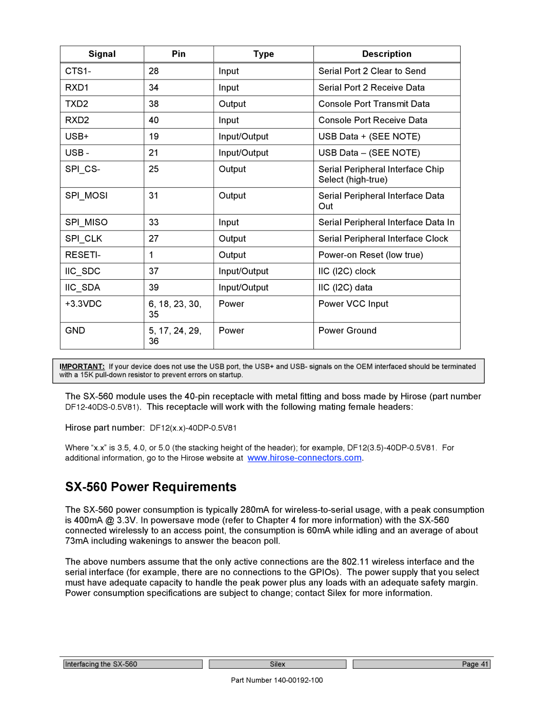 Silex technology manual SX-560 Power Requirements, Signal Pin Type Description, Usb+ 