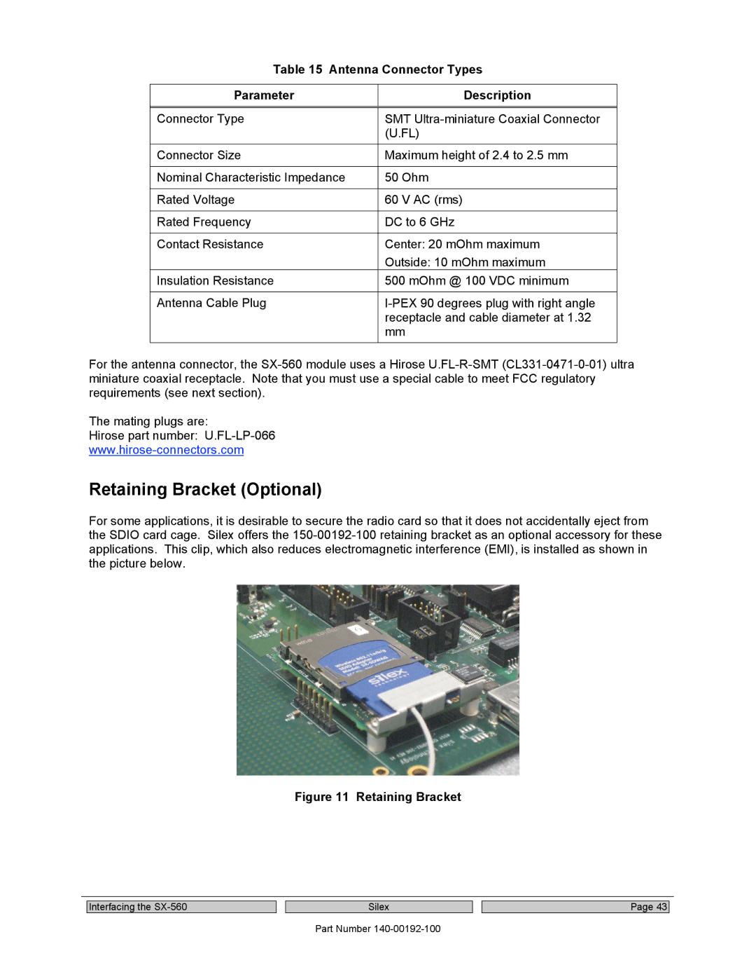 Silex technology SX-560 manual Retaining Bracket Optional, Antenna Connector Types Parameter Description 