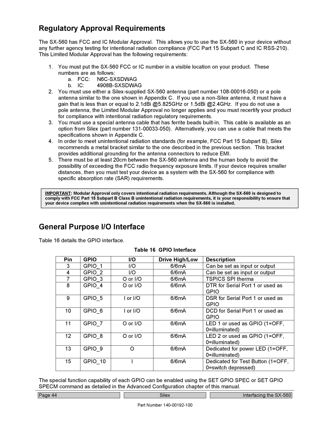 Silex technology SX-560 manual Regulatory Approval Requirements, General Purpose I/O Interface, Gpio Interface Pin 