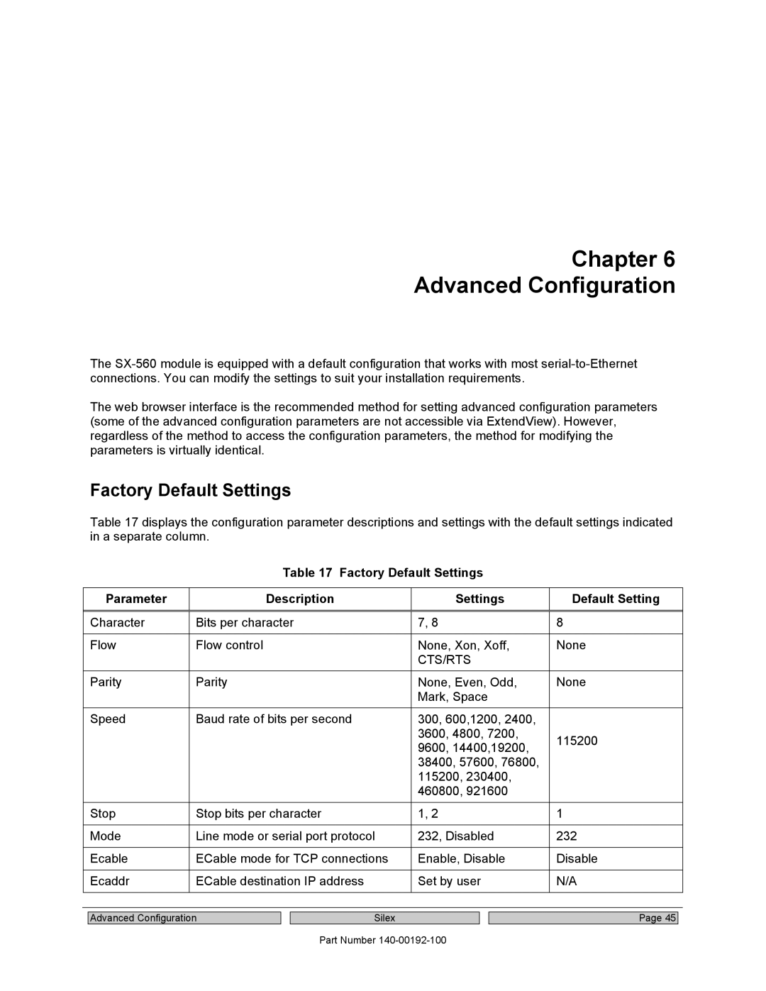 Silex technology SX-560 manual Chapter Advanced Configuration, Factory Default Settings, Cts/Rts 