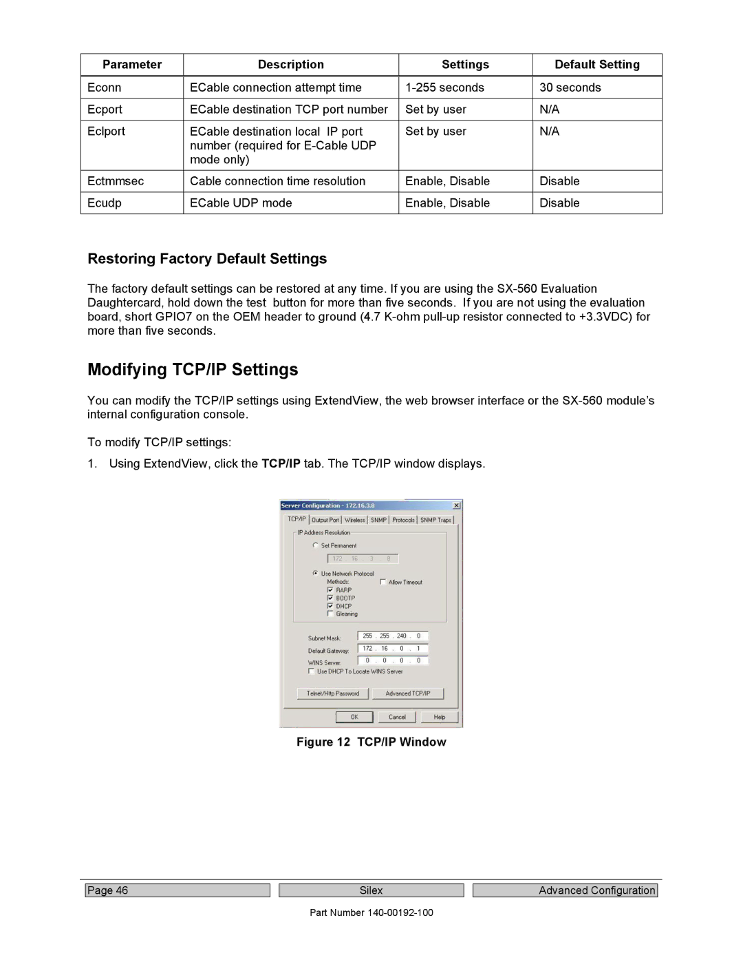 Silex technology SX-560 manual Modifying TCP/IP Settings, Parameter Description Settings Default Setting 