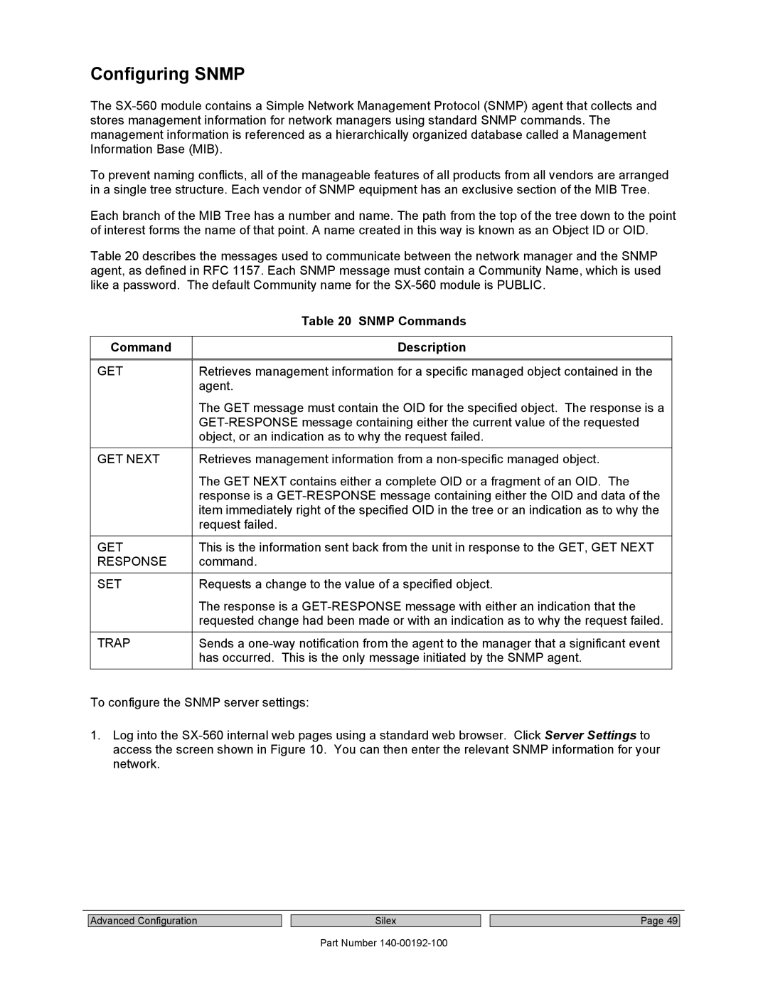 Silex technology SX-560 manual Configuring Snmp, Snmp Commands, Command Description 