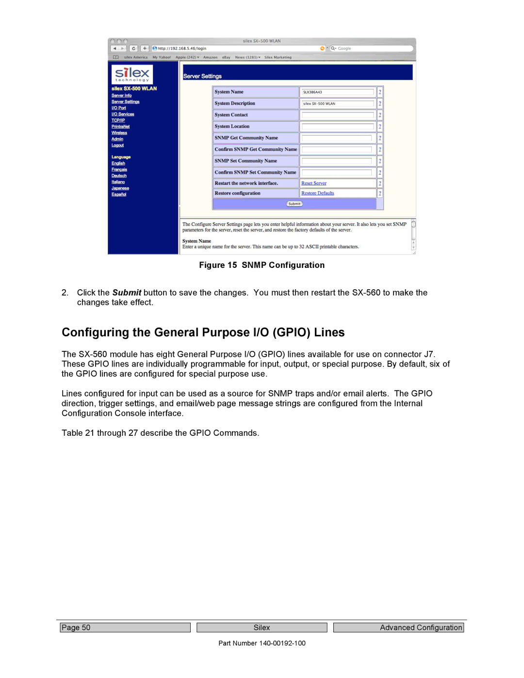 Silex technology SX-560 manual Configuring the General Purpose I/O Gpio Lines, Snmp Configuration 