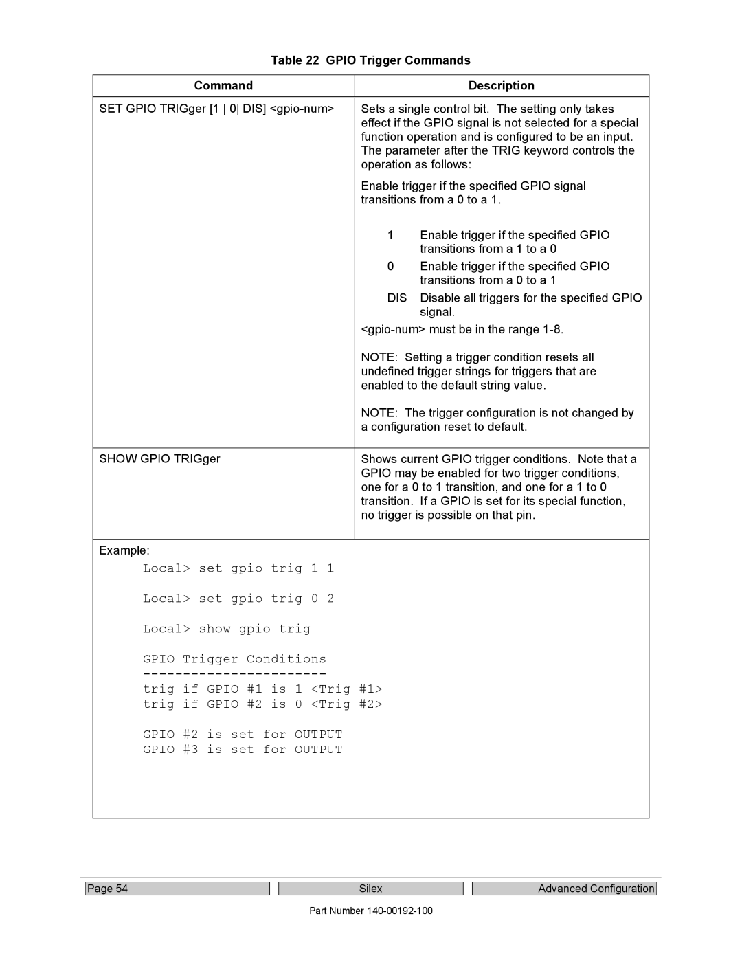 Silex technology SX-560 manual Gpio Trigger Commands Description, Dis 