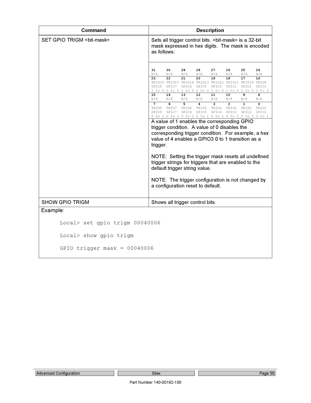 Silex technology SX-560 manual Command Description, Show Gpio Trigm 