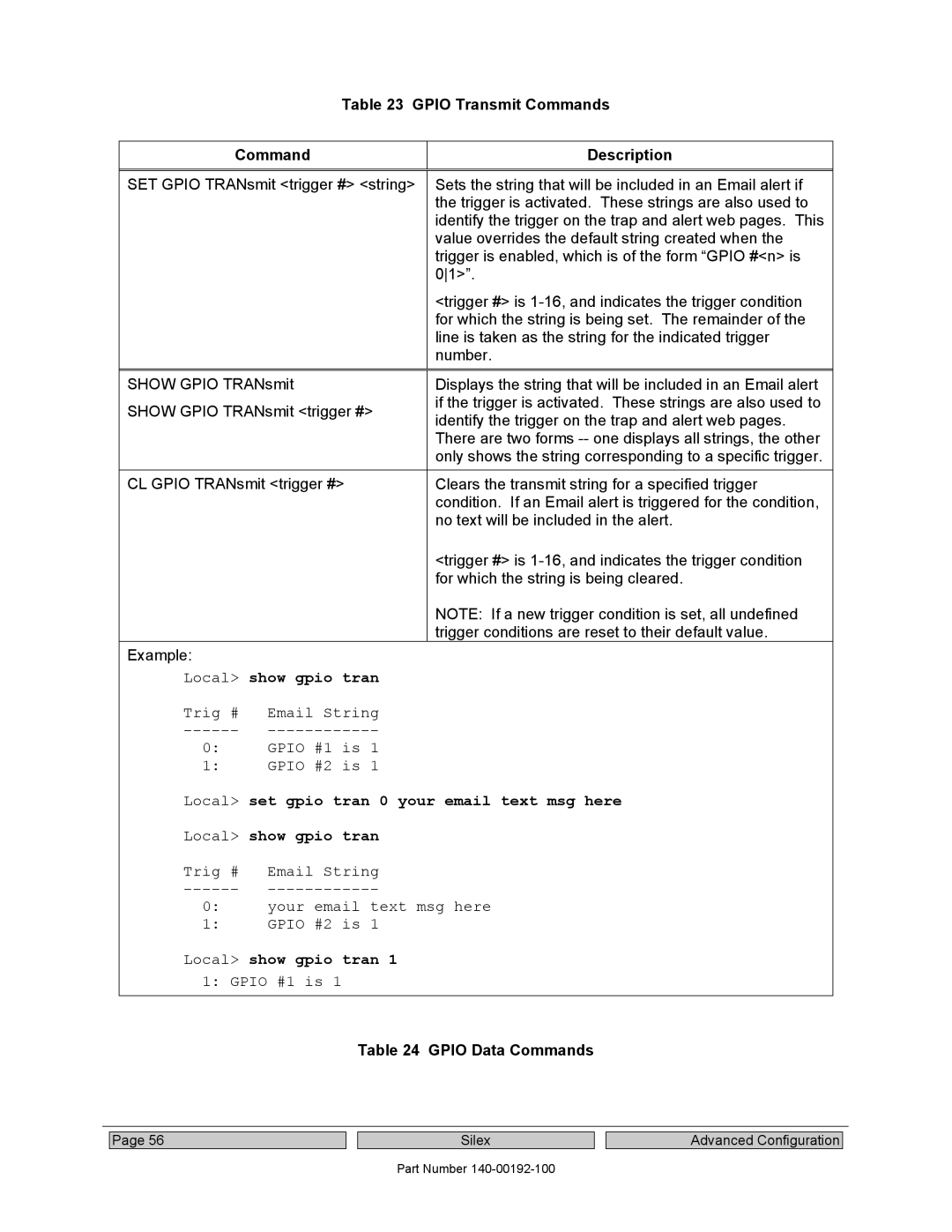 Silex technology SX-560 Gpio Transmit Commands Description, Trig # Email String Gpio #1 is Gpio #2 is, Gpio Data Commands 