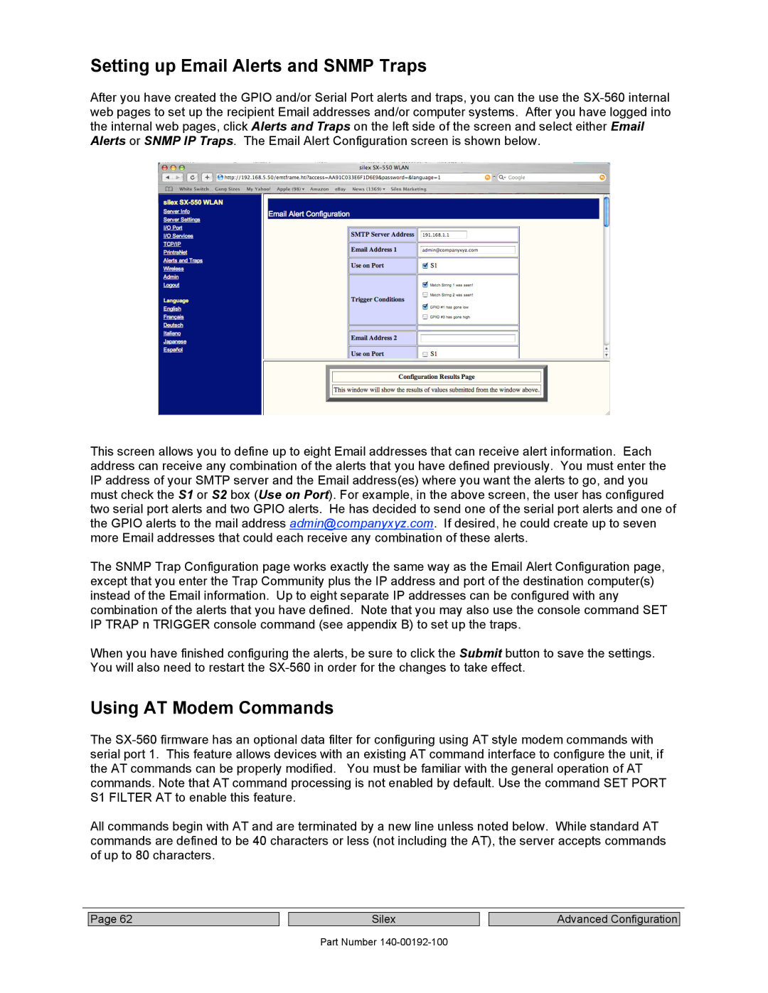 Silex technology SX-560 manual Setting up Email Alerts and Snmp Traps, Using AT Modem Commands 