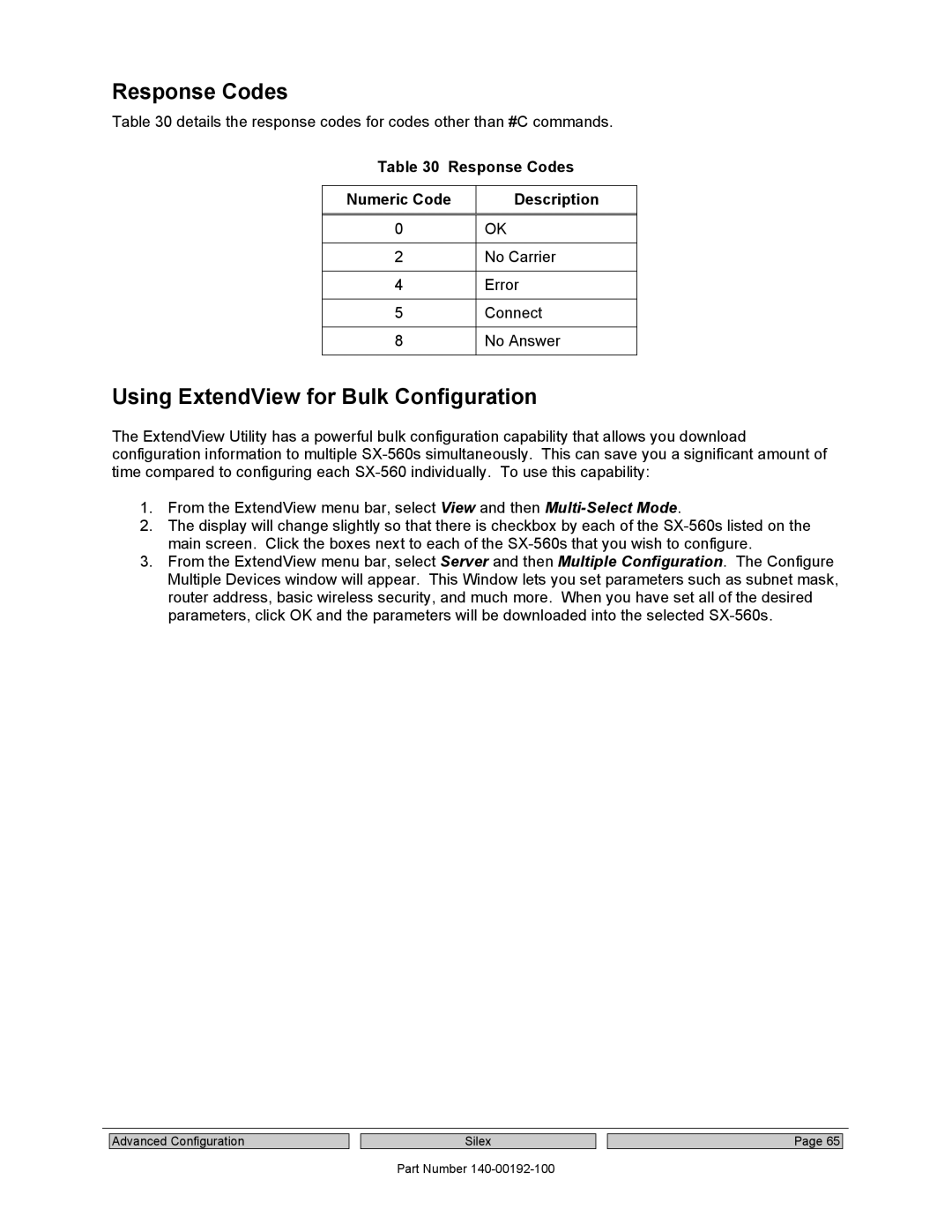 Silex technology SX-560 manual Using ExtendView for Bulk Configuration, Response Codes Numeric Code Description 