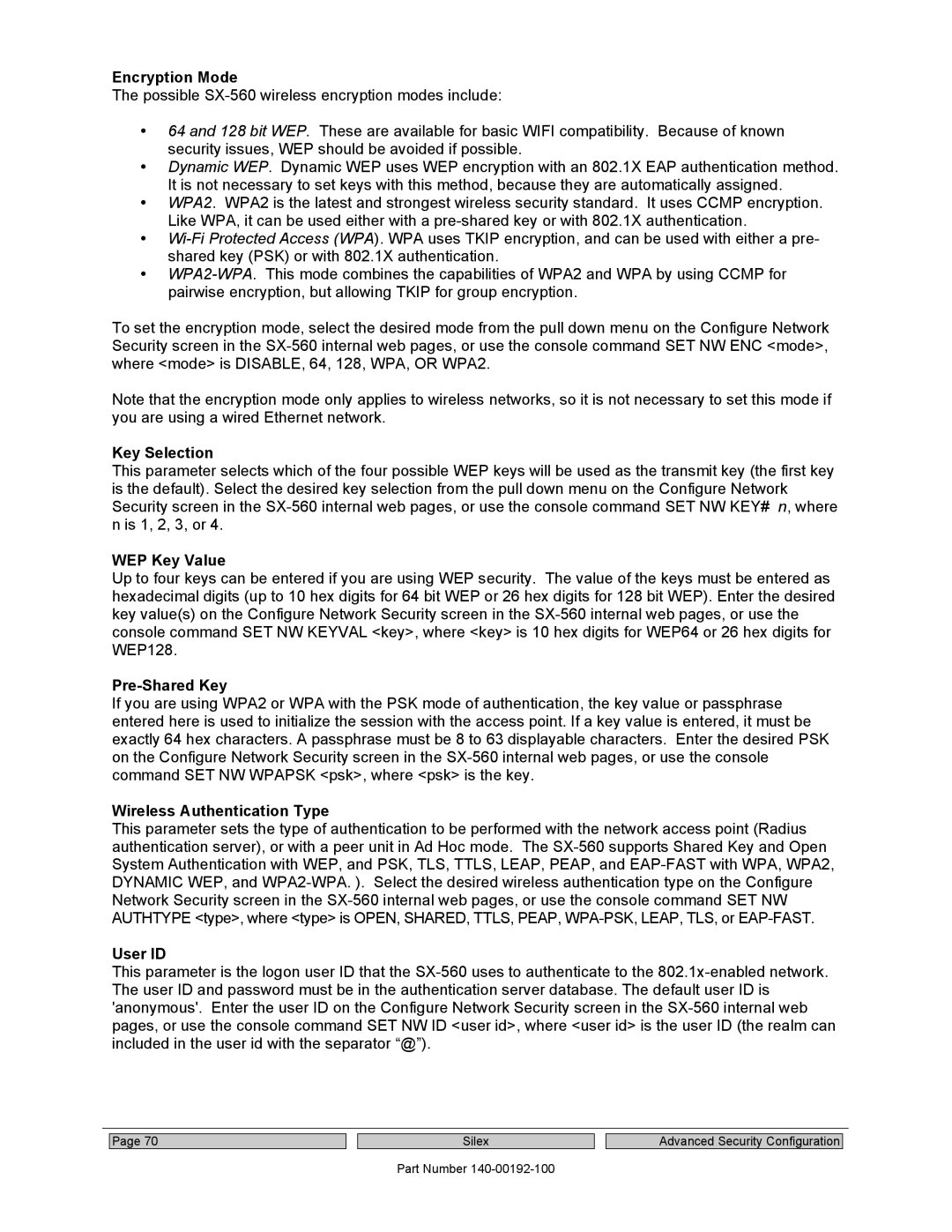 Silex technology SX-560 manual Encryption Mode, Key Selection, WEP Key Value, Pre-Shared Key, Wireless Authentication Type 