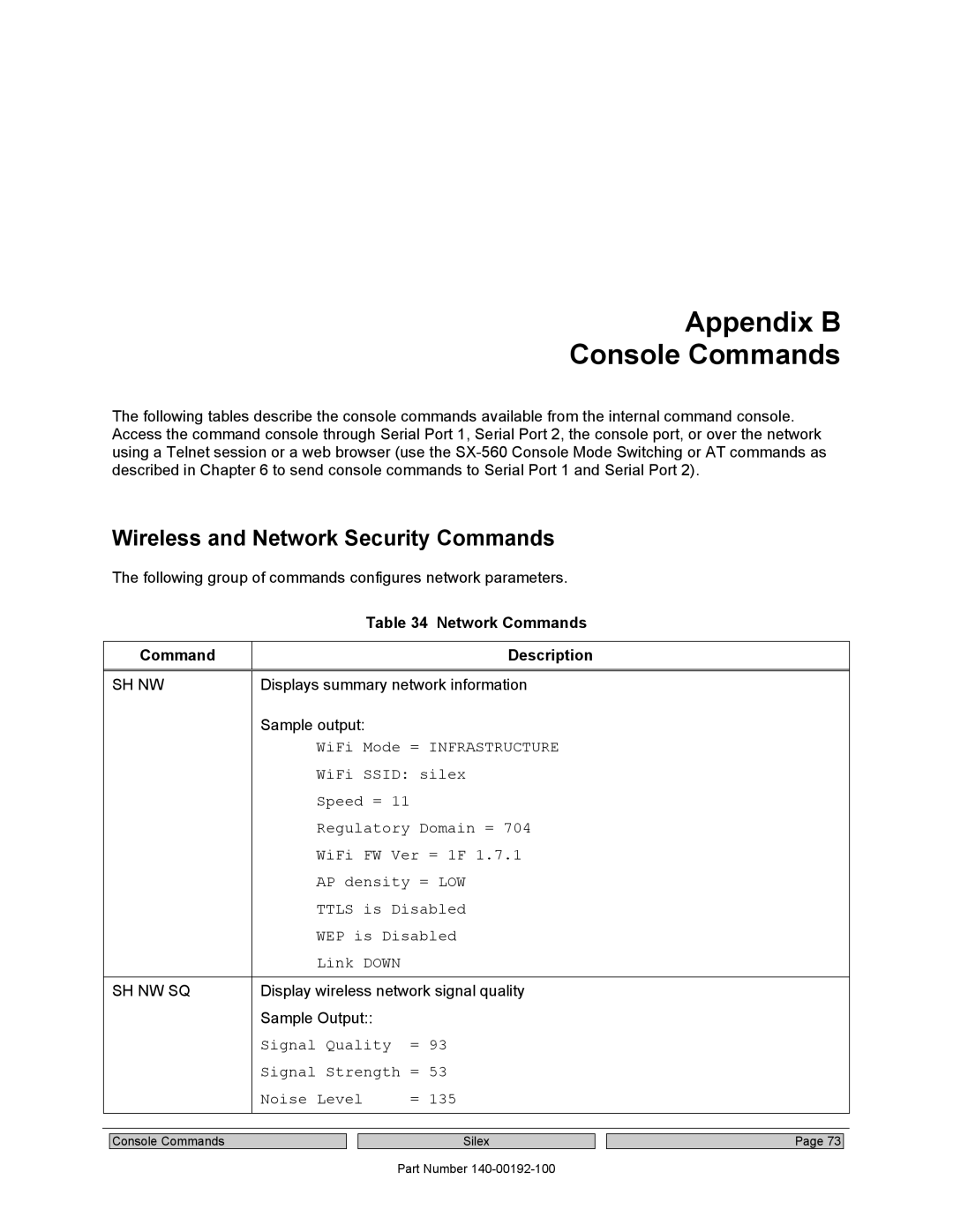 Silex technology SX-560 manual Appendix B Console Commands, Wireless and Network Security Commands, Network Commands 