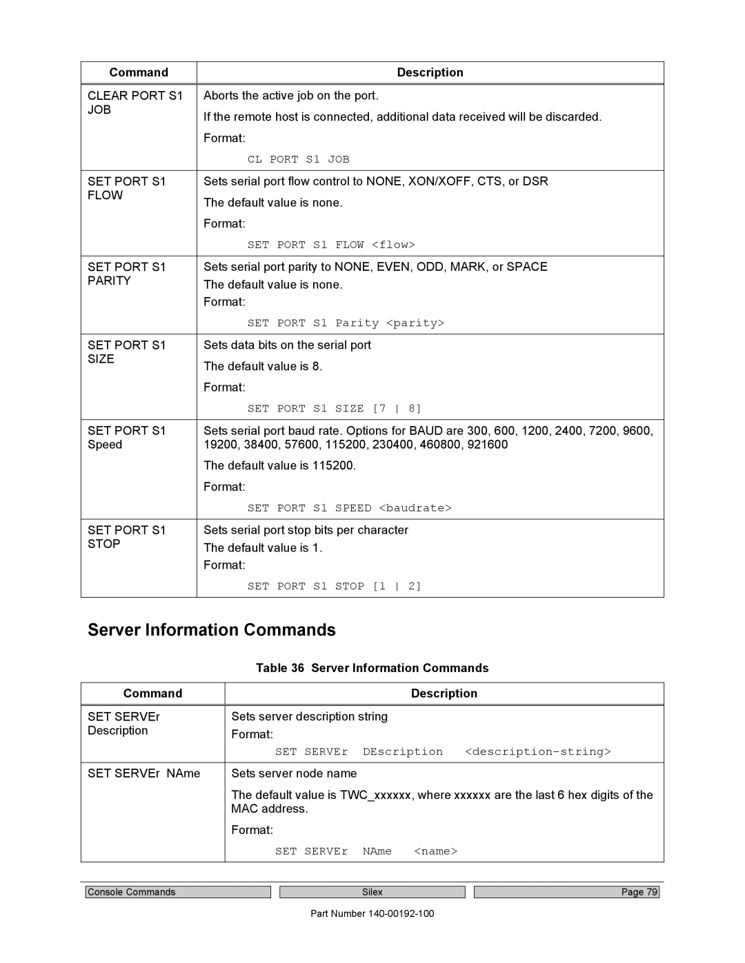 Silex technology SX-560 manual Server Information Commands, CL Port S1 JOB, SET Port S1 Size 7, SET Port S1 Stop 1 