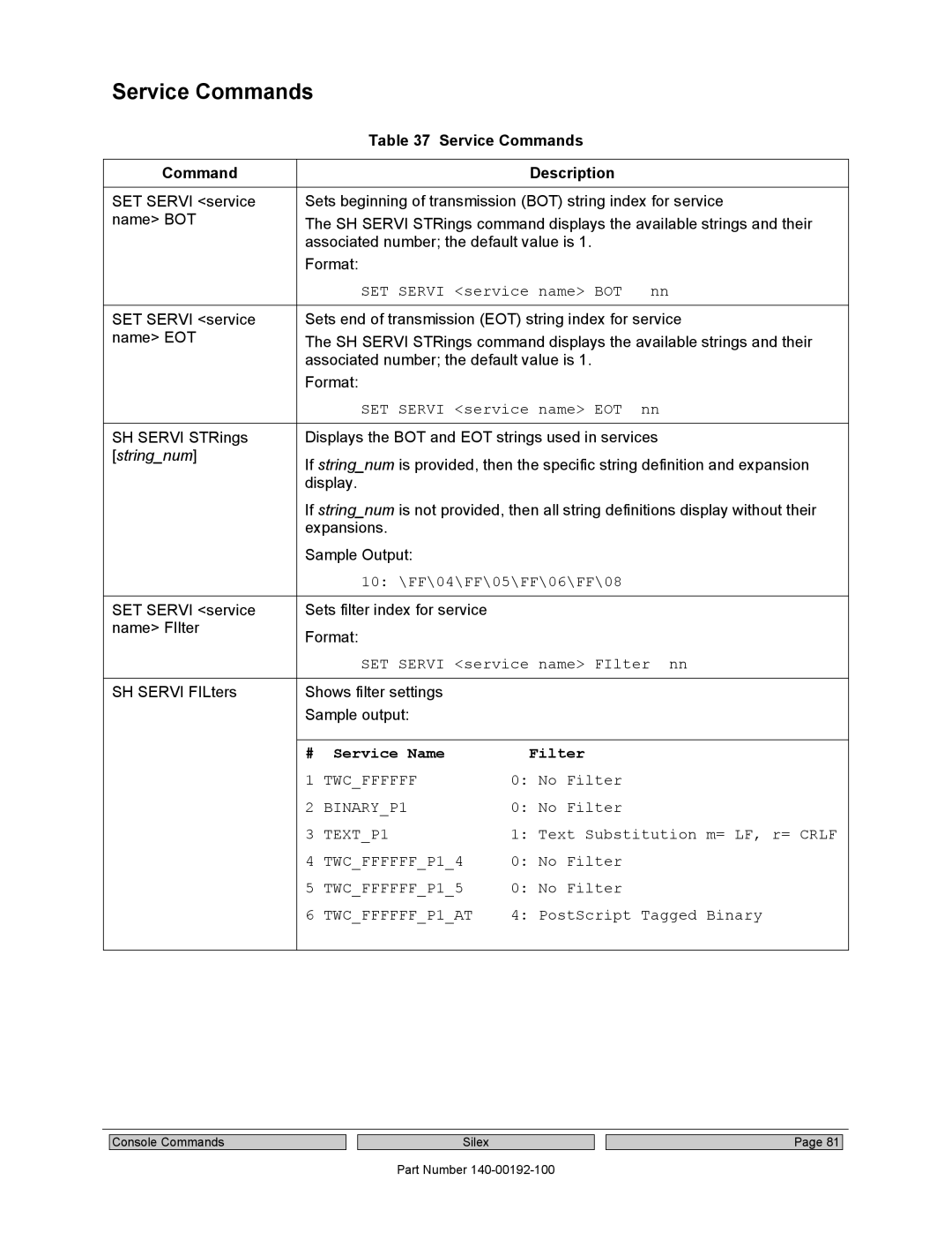 Silex technology SX-560 manual Service Commands Description 