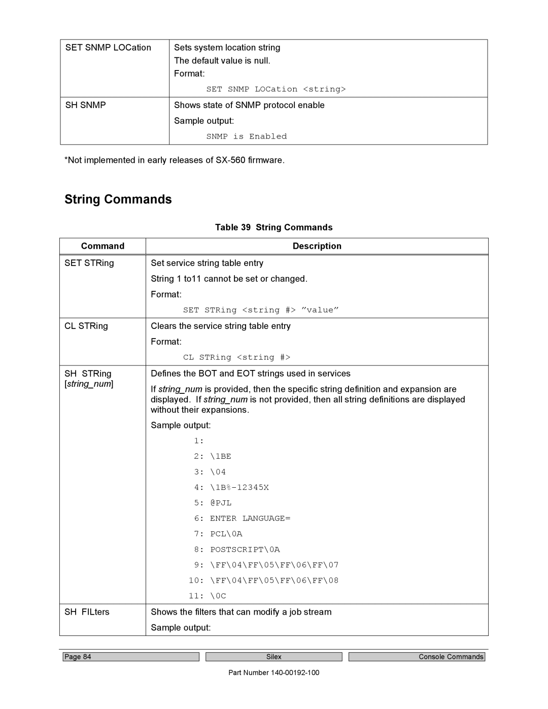 Silex technology SX-560 manual String Commands, Enter LANGUAGE=, POSTSCRIPT\0A 