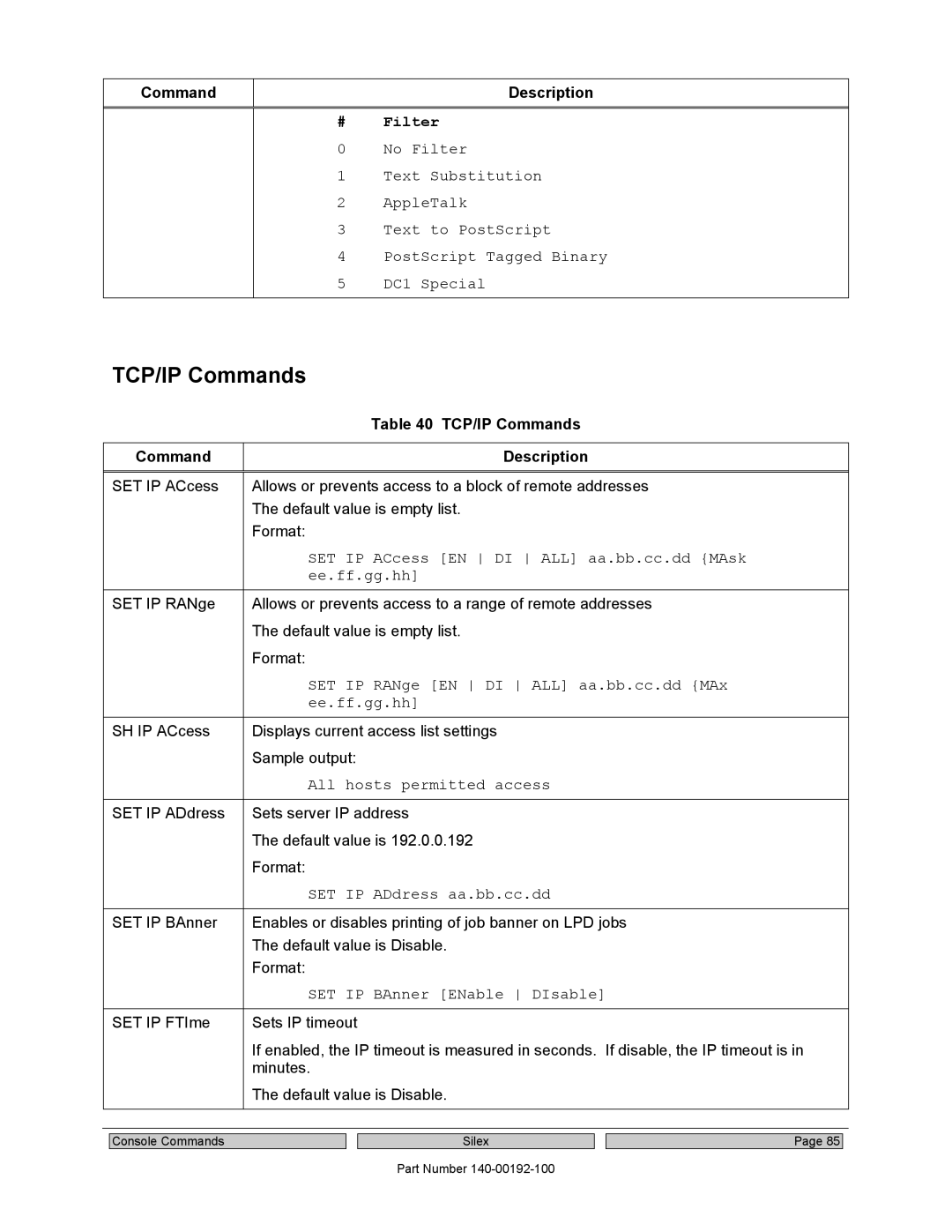 Silex technology SX-560 manual TCP/IP Commands 