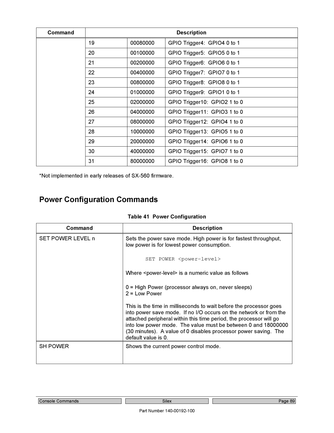 Silex technology SX-560 manual Power Configuration Commands, SET Power power-level, SH Power 