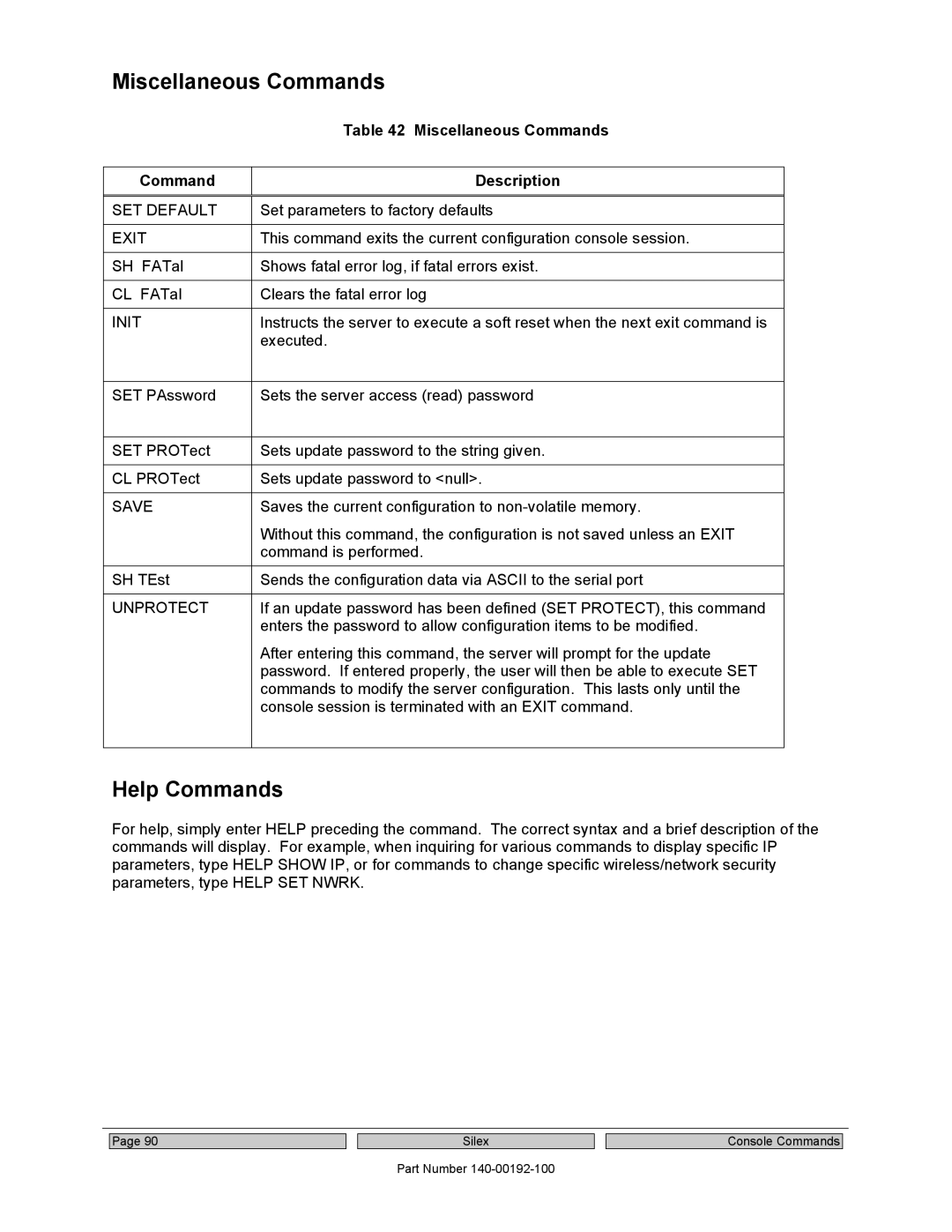 Silex technology SX-560 manual Miscellaneous Commands, Help Commands, Save, Unprotect 