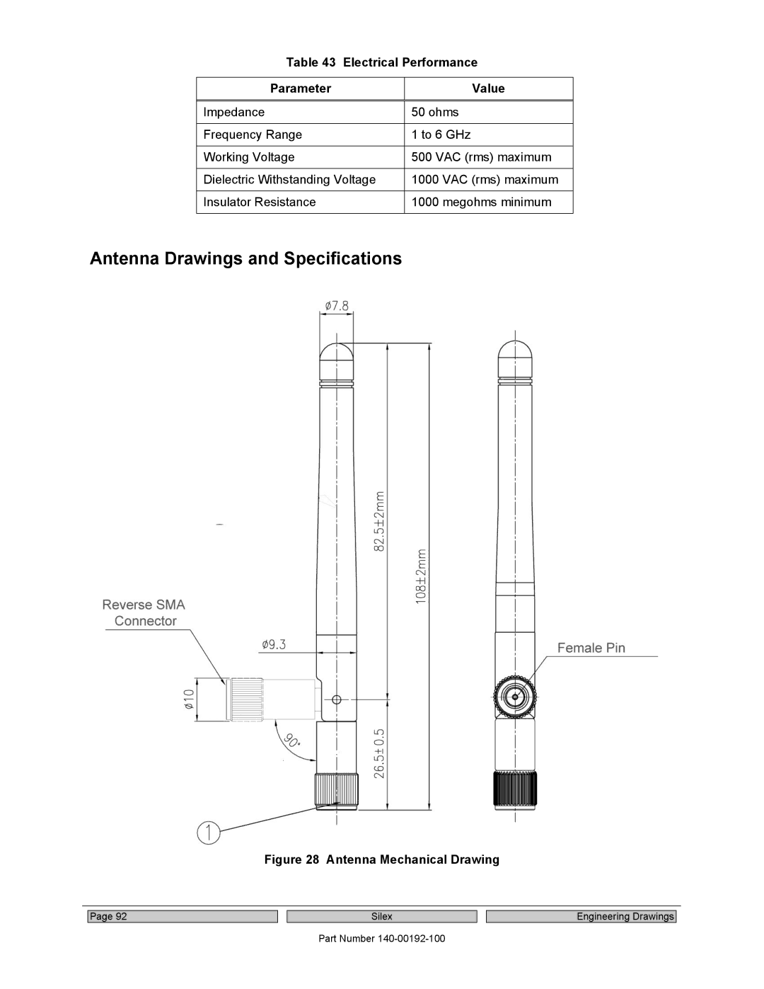 Silex technology SX-560 manual Antenna Drawings and Specifications, Electrical Performance Parameter Value 