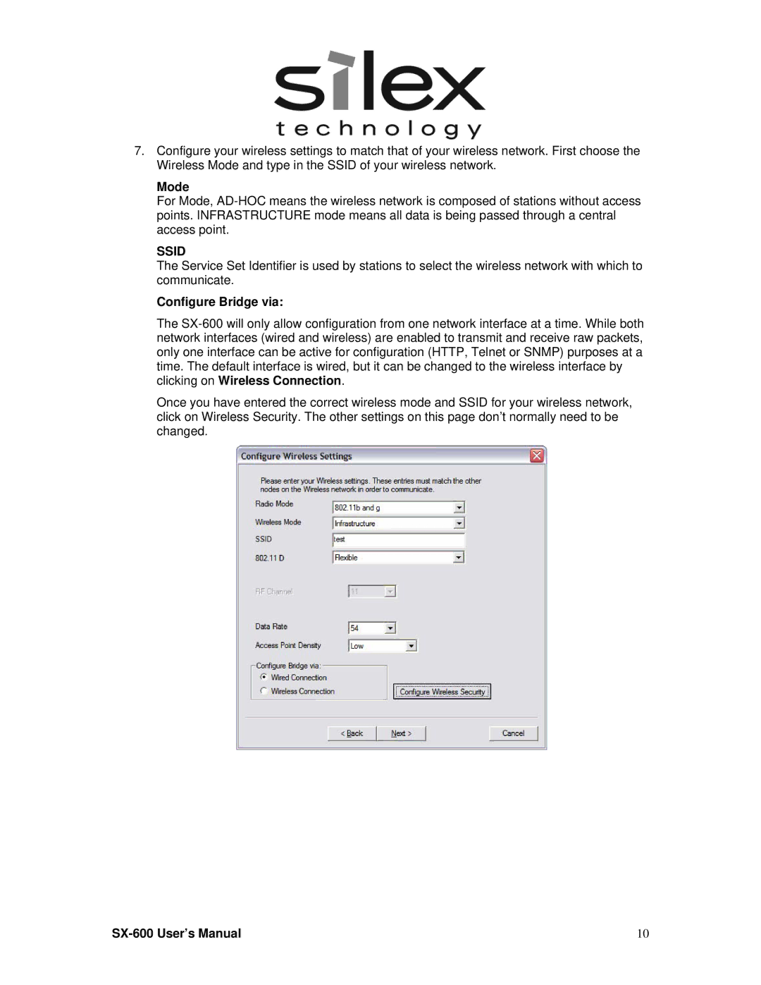 Silex technology SX-600 setup guide Mode, Configure Bridge via 