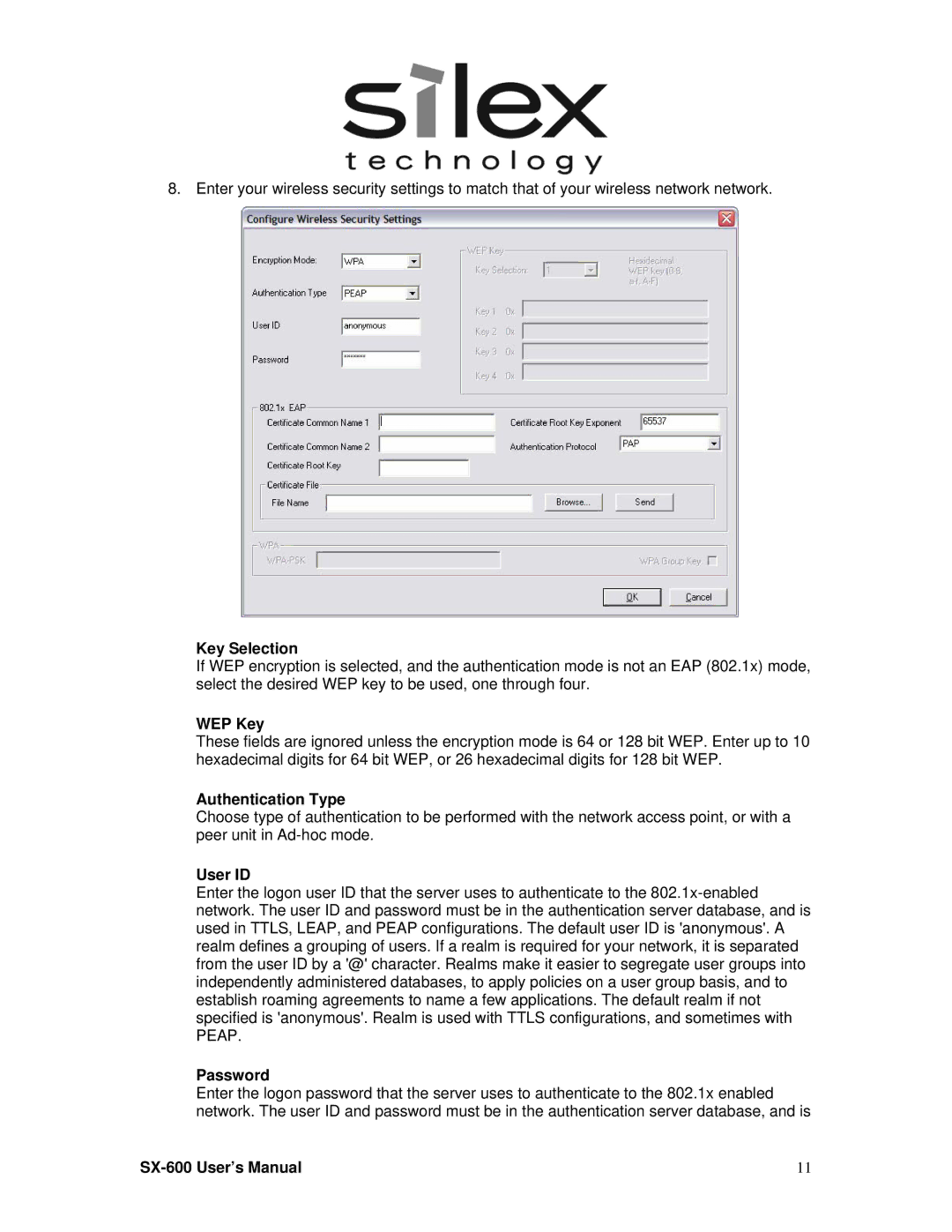 Silex technology SX-600 setup guide Key Selection, WEP Key, Authentication Type, User ID, Password 