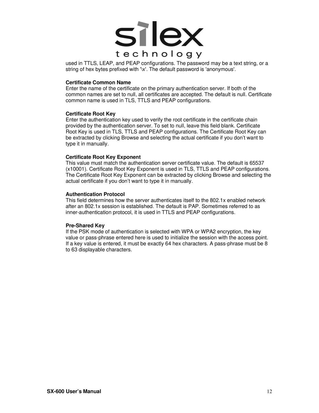 Silex technology SX-600 setup guide Certificate Common Name, Certificate Root Key Exponent, Authentication Protocol 