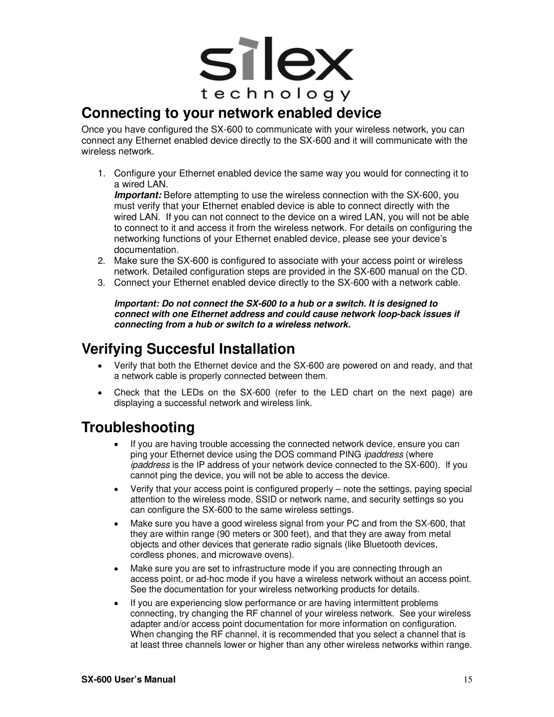 Silex technology SX-600 Connecting to your network enabled device, Verifying Succesful Installation, Troubleshooting 