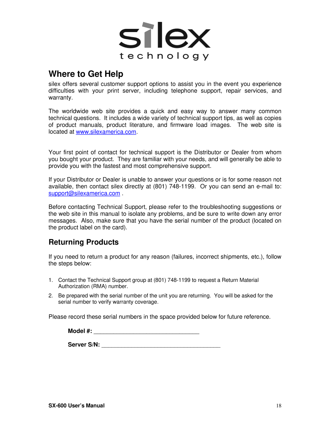 Silex technology SX-600 setup guide Where to Get Help, Returning Products 