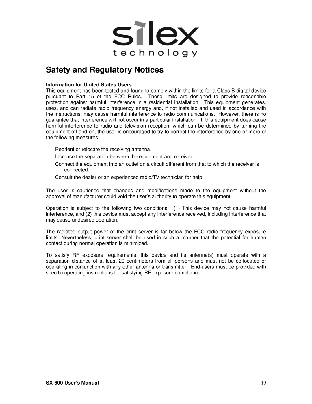 Silex technology SX-600 setup guide Safety and Regulatory Notices, Information for United States Users 