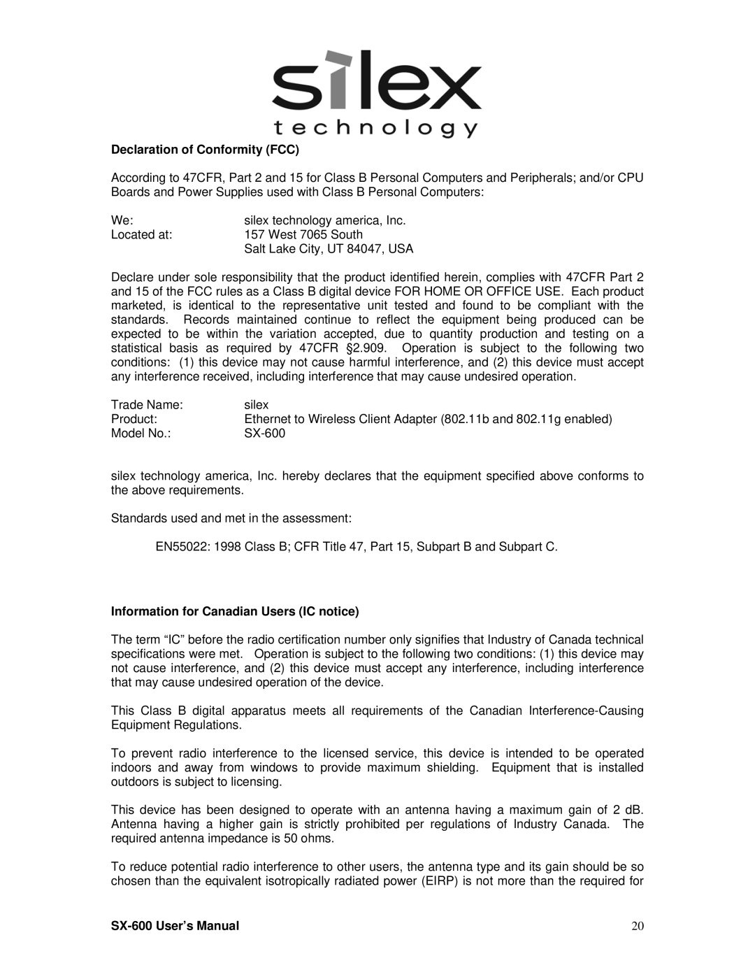 Silex technology SX-600 setup guide Declaration of Conformity FCC, Information for Canadian Users IC notice 