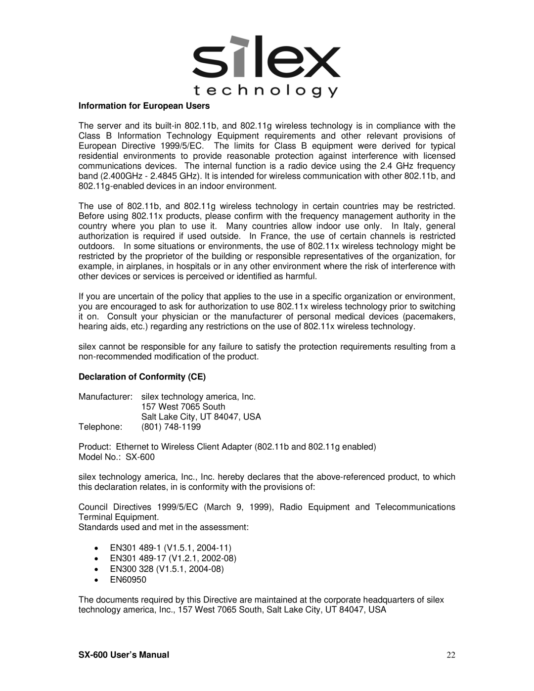 Silex technology SX-600 setup guide Information for European Users, Declaration of Conformity CE 