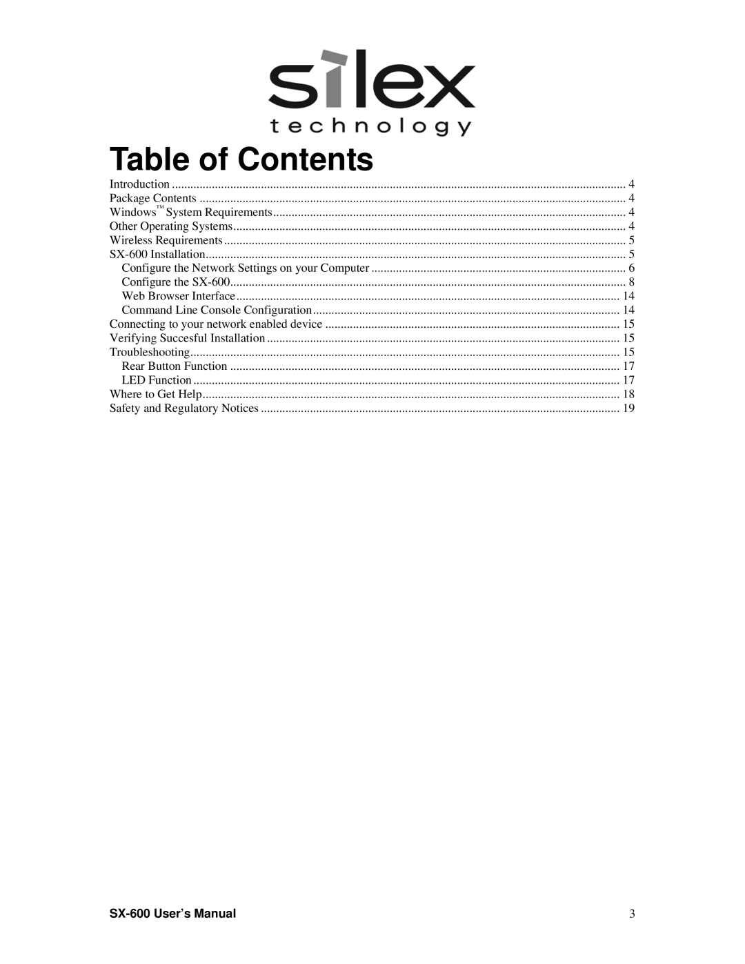 Silex technology SX-600 setup guide Table of Contents 