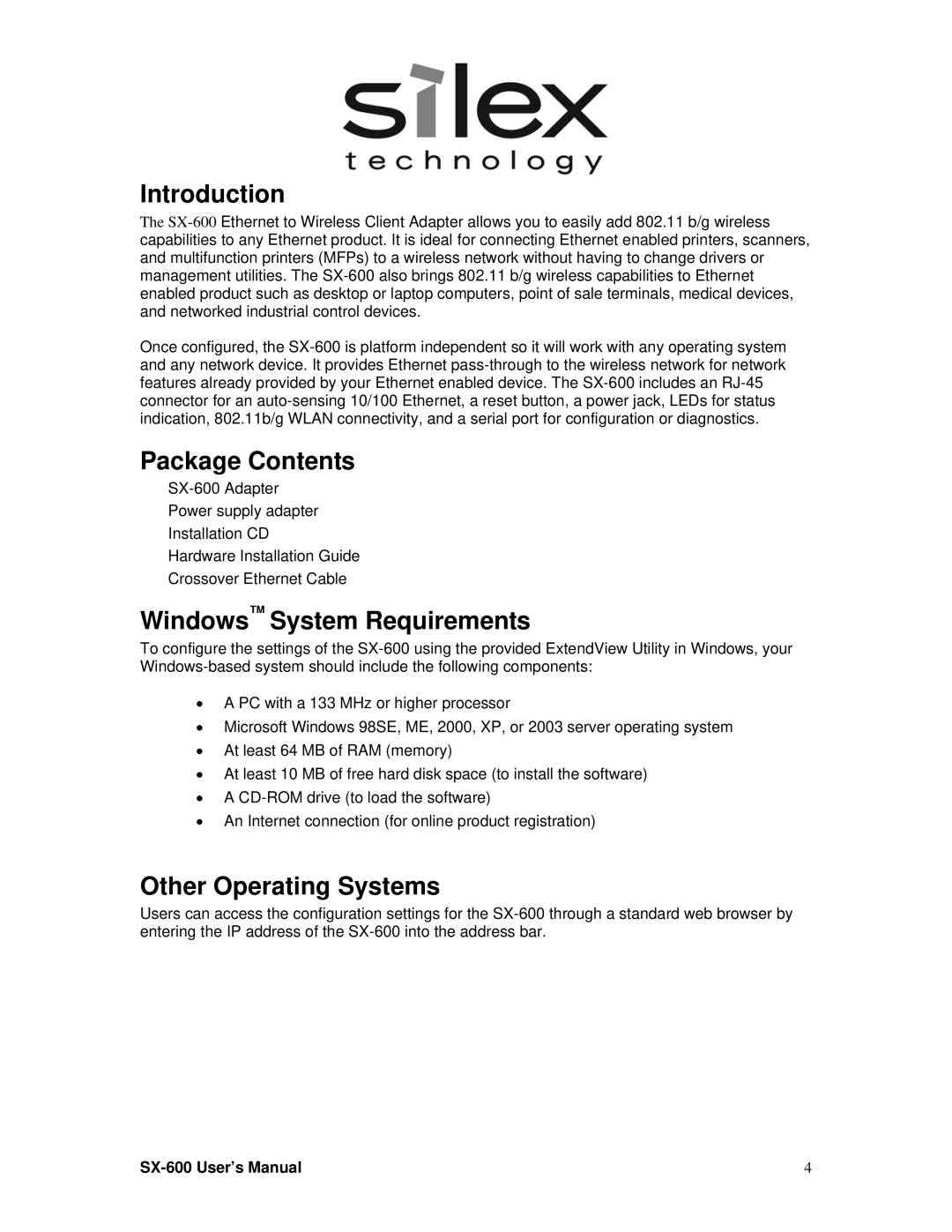 Silex technology SX-600 setup guide Introduction, Package Contents, Windows System Requirements, Other Operating Systems 