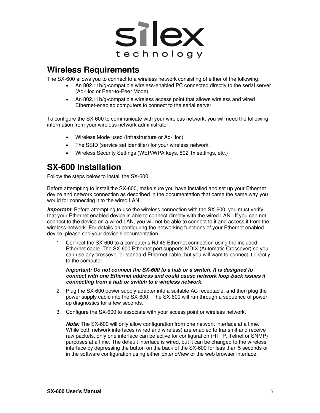 Silex technology setup guide Wireless Requirements, SX-600 Installation 