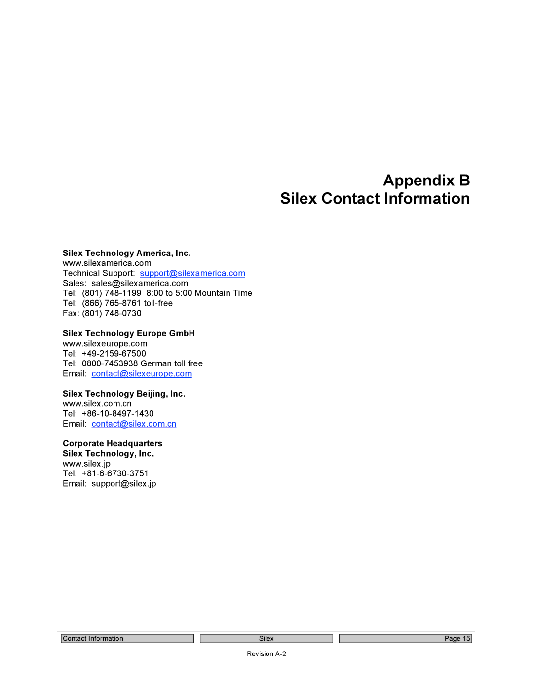 Silex technology SX-SDWAG user manual Appendix B Silex Contact Information, Silex Technology America, Inc 