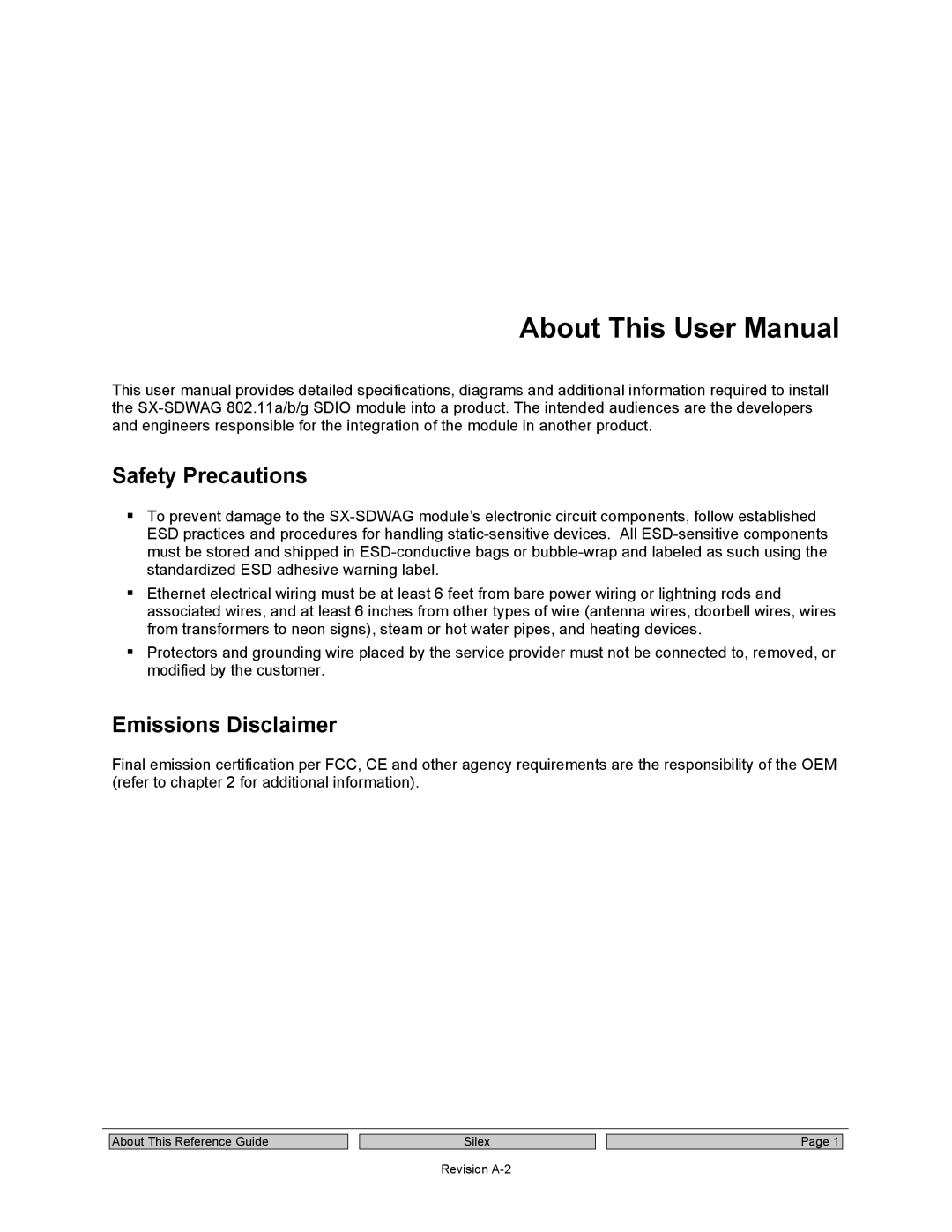 Silex technology SX-SDWAG user manual Safety Precautions, Emissions Disclaimer 