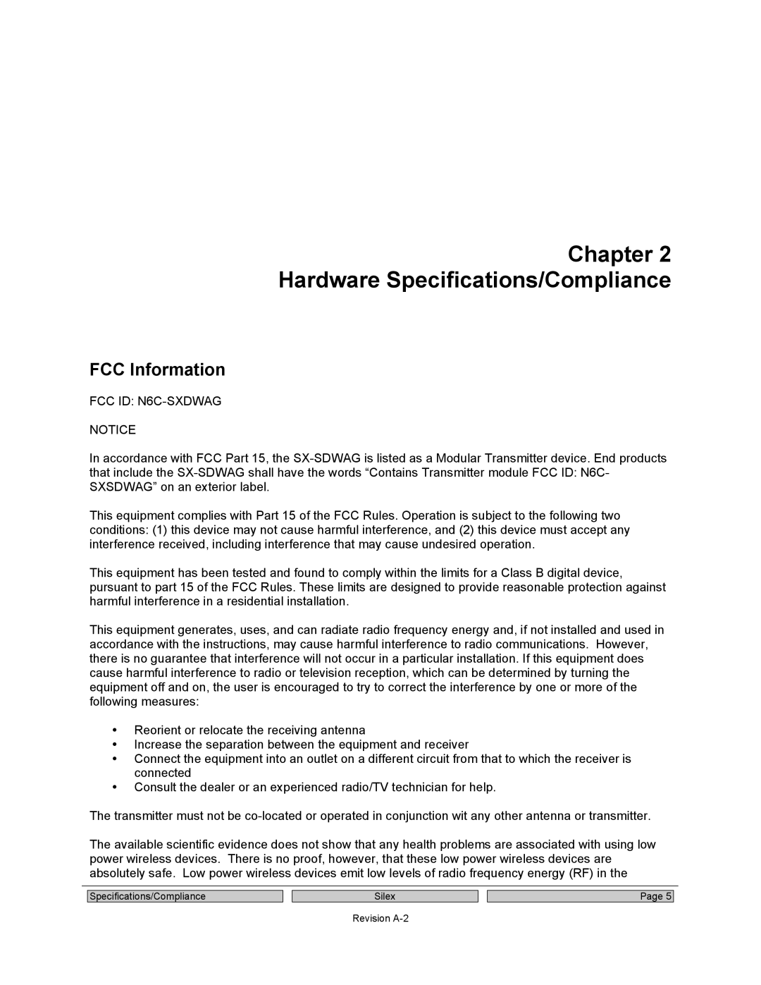 Silex technology SX-SDWAG user manual Chapter Hardware Specifications/Compliance, FCC Information, FCC ID N6C-SXDWAG 