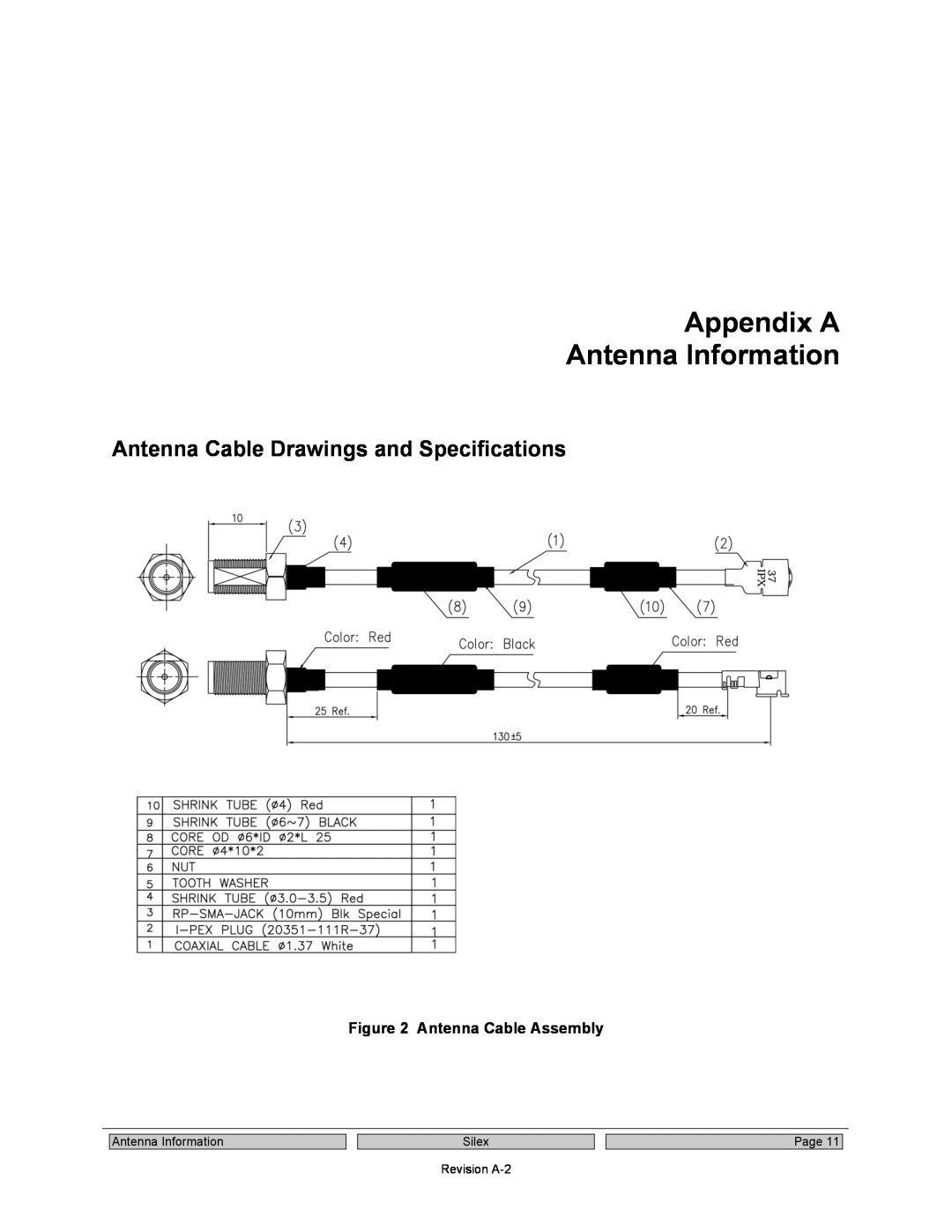 Silex technology SX-SDWAG Appendix A Antenna Information, Antenna Cable Drawings and Specifications, Silex, Revision A-2 
