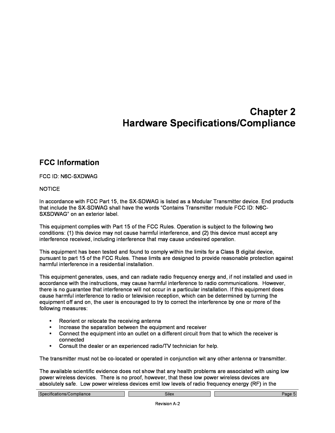 Silex technology SX-SDWAG user manual Chapter Hardware Specifications/Compliance, FCC Information 
