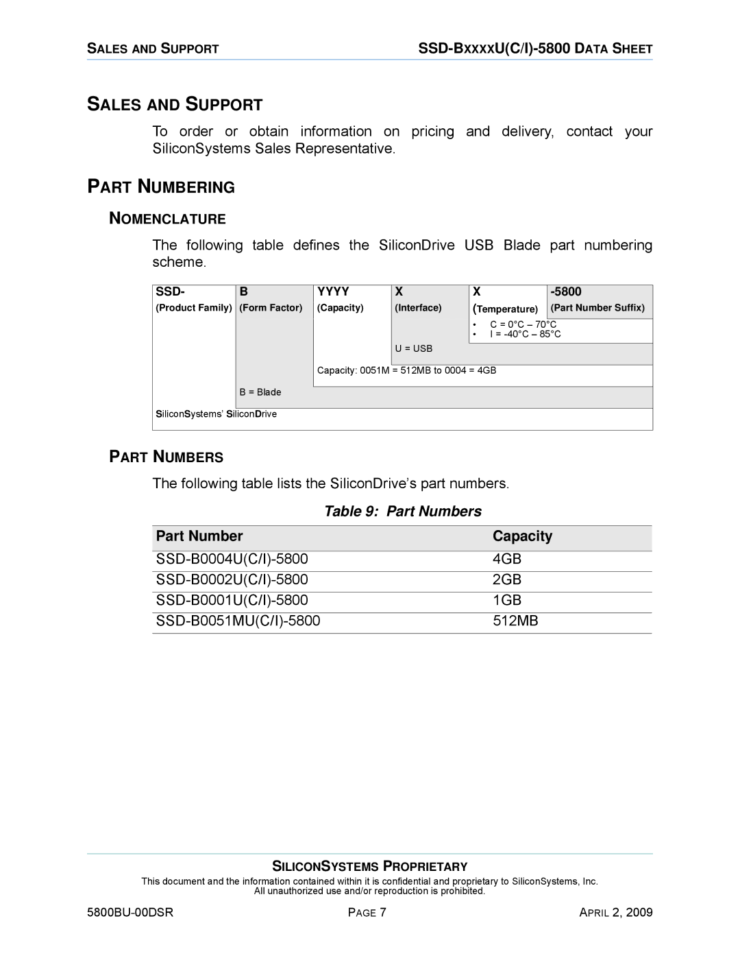 Silicon Image 5800BU-00DSR manual Sales and Support, Part Numbering, Part Numbers, Part Number Capacity 